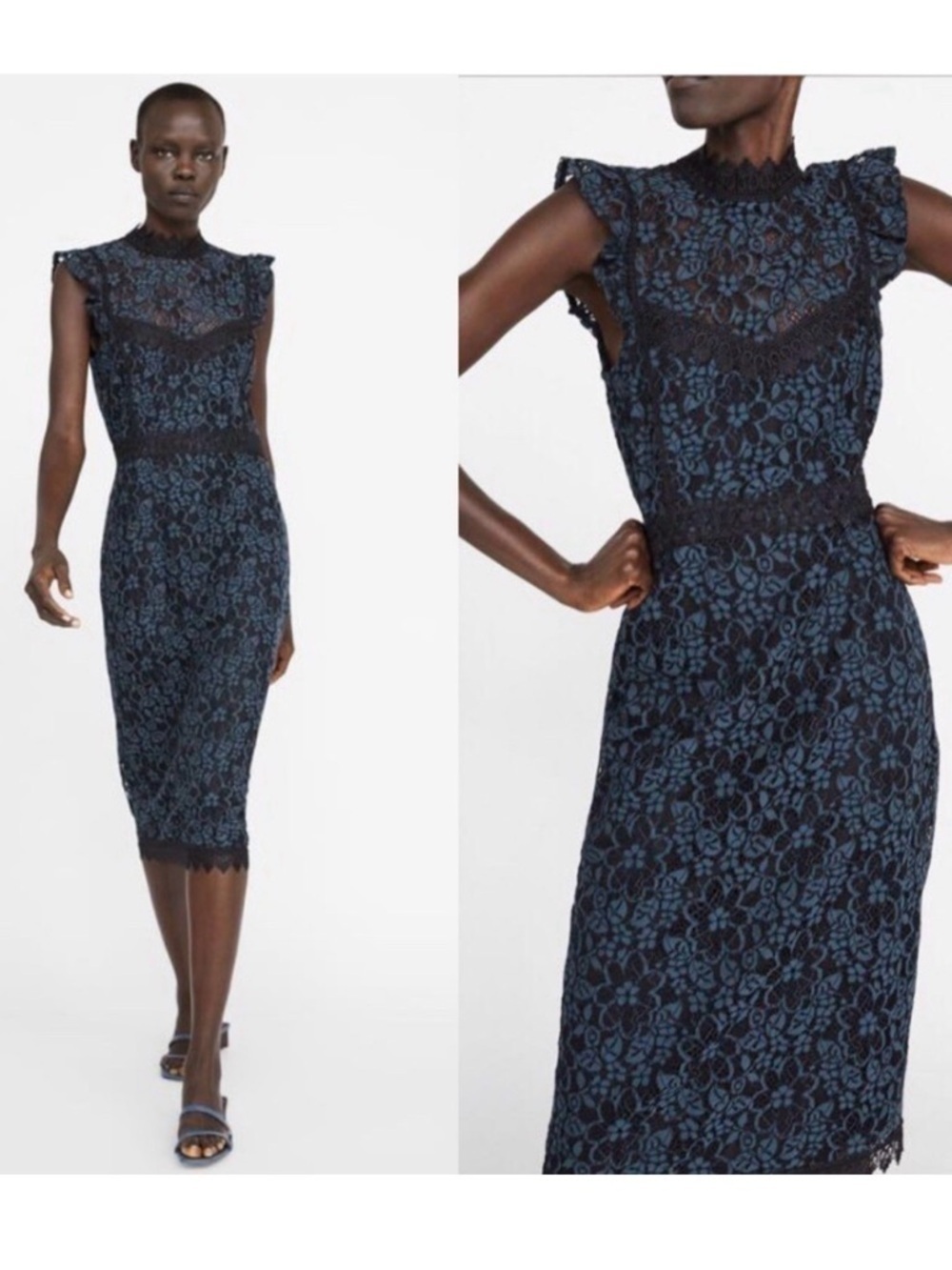 ZARA Teal Lace Midi Dress Mock Neck Fitted Cocktail Wedding Guest XS